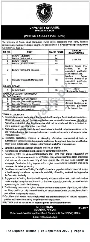 Newspaper clipping: University of Rasul, Mandi Bahauddin — Visiting Faculty & Instructor Vacancies (Apply by 2020-09-18), The Express Tribune, 05 Sep 2026