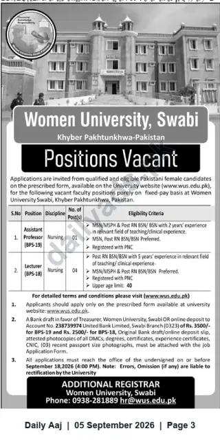 Newspaper clipping: Women University Swabi Faculty Jobs – Assistant Professor & Lecturer (Nursing), Daily Aaj, 05 Sep 2026