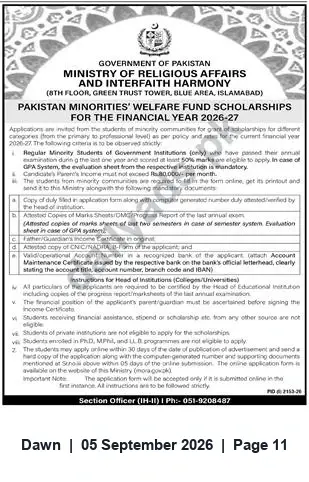 Newspaper clipping: Pakistan Minorities' Welfare Fund Scholarships 2026-27 — Ministry of Religious Affairs (Islamabad), Dawn, 05 Sep 2026