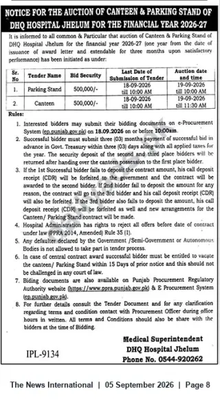 Newspaper clipping: DHQ Hospital Jhelum Auction — Canteen & Parking Stand Lease for FY 2026-27, The News International, 05 Sep 2026