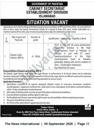 Newspaper clipping: Deputy Legal Advisor (MP-II) — Cabinet Secretariat Establishment Division, Islamabad (1 post), The News International, 05 Sep 2026