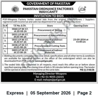 Newspaper clipping: POF Wah Cantt Tender: Procurement of Tooling, Special Tooling, Indirect Materials & Cutting Tools, Express, 05 Sep 2026
