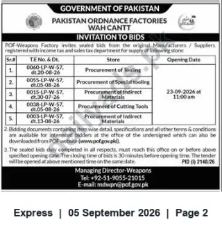 Newspaper clipping: POF Wah Cantt Invitation to Bids — Tooling, Special Tooling, Indirect Materials & Cutting Tools (Opening 2026-09-23), Express, 05 Sep 2026