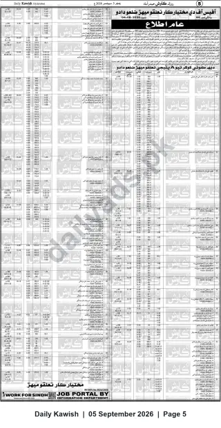 Newspaper clipping: Public Notice: Land Records and Parcel Listings — Mukhtiarkar Office, Taluka Mir, District Dadu, Daily Kawish, 05 Sep 2026