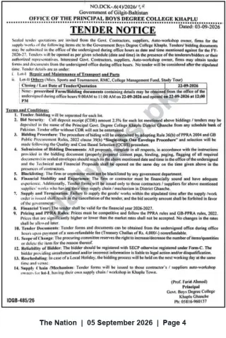 Newspaper clipping: Tender Notice – Repair & Miscellaneous Services at Govt. Boys Degree College Khaplu (FY 2026-27), The Nation, 05 Sep 2026