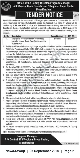 Newspaper clipping: Tender for Emergency Procurement of Consumables — AJK Central Blood Transfusion Service, Muzaffarabad (Closing 2026-09-22), Nawa-i-Waqt, 05 Sep 2026