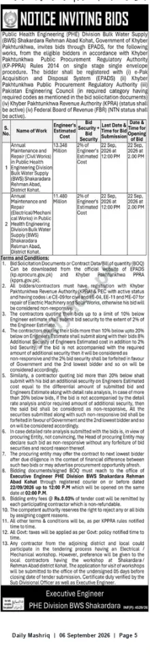 Newspaper clipping: Tender: Annual Maintenance & Repair Works (Civil & Electrical) for BWS Shakardara Rehman Abad, Kohat, Daily Mashriq, 06 Sep 2026