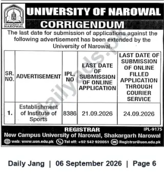 Newspaper clipping: University of Narowal Corrigendum: Deadline Extended for Establishment of Institute of Sports (IPL-8386), Jang, 06 Sep 2026
