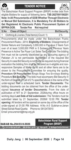 Newspaper clipping: BRSP Tender for Clothing & Liveries — submit bids by 2026-09-21, Jang, 06 Sep 2026