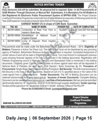 Newspaper clipping: Livelihood Promotion Programme — Notice Inviting Tender (Roads & Irrigation) — Balochistan, Jang, 06 Sep 2026
