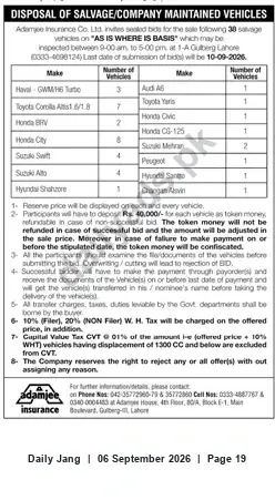 Newspaper clipping: Adamjee Insurance Sealed-Bid Sale of 38 Salvage Vehicles — Bid Deadline 2026-09-10, Jang, 06 Sep 2026