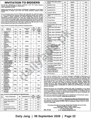 Newspaper clipping: Tender: Supply of Chemicals & Glassware for Mobile Laboratories — Soil Fertility Research Institute, Lahore, Jang, 06 Sep 2026