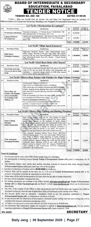 Newspaper clipping: Tender: IT Workstations, Laptops, Scanners, Servers, Printers & Binding Machines — BISE Faisalabad, Jang, 06 Sep 2026