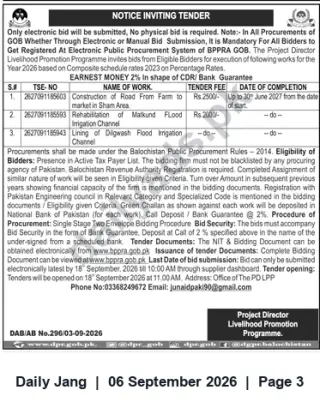 Newspaper clipping: Livelihood Promotion Programme — Tenders for Road, Flood Rehabilitation & Irrigation Works (Balochistan), Jang, 06 Sep 2026