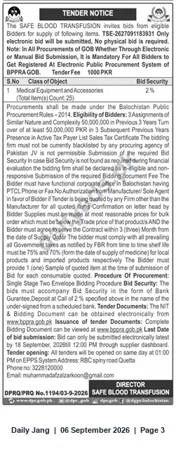 Newspaper clipping: Tender: Supply of Medical Equipment & Accessories for Safe Blood Transfusion, Balochistan, Jang, 06 Sep 2026