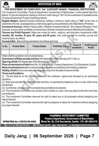 Newspaper clipping: Invitation of Bids — Investment of Endowment Funds (Finance Department, Government of Balochistan), Jang, 06 Sep 2026