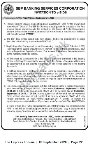 Newspaper clipping: SBP BSC Invitation to e-Bids for Printer Consumables, Network Infrastructure Materials & Electrical Accessories (Ref: P72379), The Express Tribune, 06 Sep 2026
