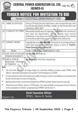 Newspaper clipping: Tender: Hiring Private Security Staff for CPGCL Guddu (2026–2027), The Express Tribune, 06 Sep 2026