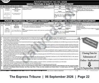 Newspaper clipping: PPSC Advertisement No.09/2026 — Jobs in Social Welfare & Bait ul Maal and Punjab Transport Authority, The Express Tribune, 06 Sep 2026