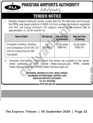 Newspaper clipping: PAA Tender: Emergent Levelling, Grading & Compaction of GP-28L ILS CAT-III Critical Area — Islamabad IAP, The Express Tribune, 06 Sep 2026