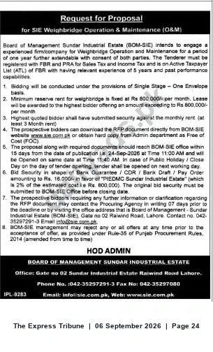 Newspaper clipping: RFP: Weighbridge Operation & Maintenance — Sundar Industrial Estate (BOM-SIE), The Express Tribune, 06 Sep 2026
