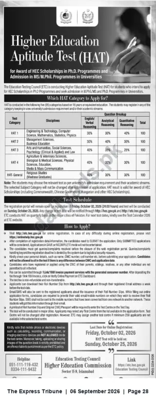Newspaper clipping: HEC Higher Education Aptitude Test (HAT) 2026 — Registration for PhD Scholarships & MS/MPhil Admissions, The Express Tribune, 06 Sep 2026