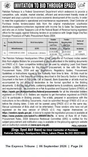 Newspaper clipping: Pakistan Railways Invitation to Bid through EPADS — Closing 2020-09-22, The Express Tribune, 06 Sep 2026