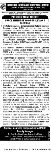 Newspaper clipping: Procurement Notice — Non-Consultancy Services | National Insurance Company Limited (NICL), The Express Tribune, 06 Sep 2026
