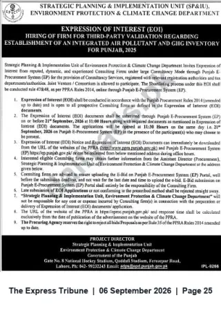 Newspaper clipping: EOI: Third-Party Validation for Punjab Integrated Air Pollutant & GHG Inventory (2025), The Express Tribune, 06 Sep 2026