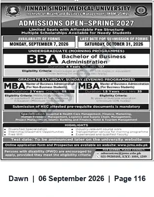 Newspaper clipping: Admissions Open Spring 2027 — IHBM Jinnah Sindh Medical University (BBA & MBA), Dawn, 06 Sep 2026