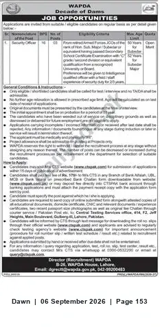 Newspaper clipping: WAPDA Job Opportunities — Apply via CTS (Lahore) — Test Fee Rs.170, Dawn, 06 Sep 2026