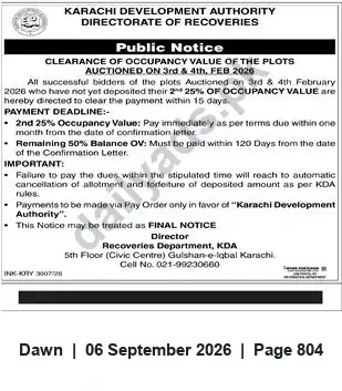 Newspaper clipping: KDA Final Notice: Clear 2nd 25% Occupancy Payment for Plots Auctioned 3–4 Feb 2026, Dawn, 06 Sep 2026