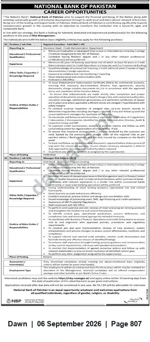 Newspaper clipping: National Bank of Pakistan — Career Opportunities, Dawn, 06 Sep 2026