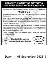 Newspaper clipping: Court Notice: Appearance Required — District & Sessions Judge, Kuchlak, Quetta (Hearing 2026-09-09), Dawn, 06 Sep 2026