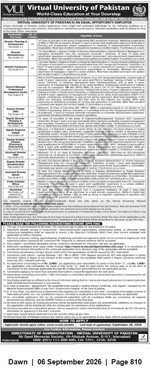 Newspaper clipping: Virtual University of Pakistan – Multiple Job Vacancies (Administrative, Academic & IT), Dawn, 06 Sep 2026