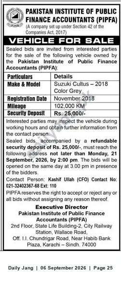 Newspaper clipping: PIPFA: Suzuki Cultus 2018 Vehicle for Sale (Karachi) – Sealed Bids by 2026-09-21, Jang, 06 Sep 2026