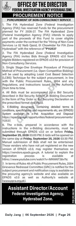 Newspaper clipping: FIA Hyderabad Zone Procurement: Hiring Non‑Core Staff (Naib Qasid & Chowkidar) — Bids Due 2026-09-25, Jang, 06 Sep 2026