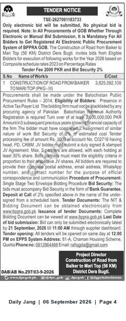 Newspaper clipping: Tender: Construction of Road from Baiker to Mari Top (56 KM) — PKR 3,825,592,100, Jang, 06 Sep 2026