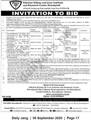 Newspaper clipping: PKLI&RC Rawalpindi Invitation to Bid — ICT Hardware, Furniture, Data Center & Medical Equipment (Closing 2026-09-17), Jang, 06 Sep 2026