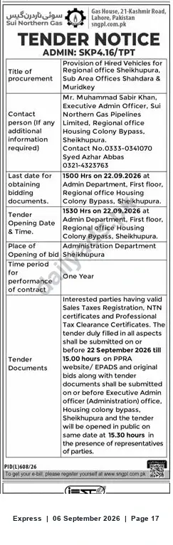 Newspaper clipping: Tender SKP4.16/TPT — Provision of Hired Vehicles for Sheikhupura Regional Office & Sub-Areas (SNGPL), Express, 06 Sep 2026