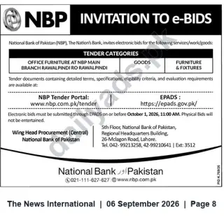 Newspaper clipping: National Bank of Pakistan e‑Bids: Office Furniture for NBP Main Branch Rawalpindi – Deadline 2026-10-01, The News International, 06 Sep 2026