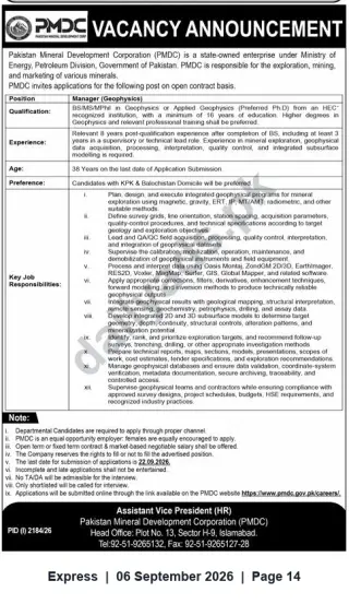 Newspaper clipping: PMDC Vacancy — Manager (Geophysics) (Open Contract), Express, 06 Sep 2026