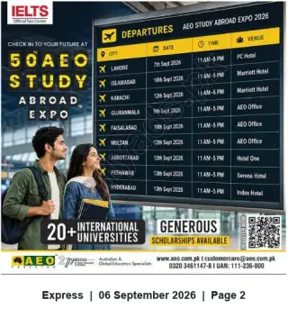 Newspaper clipping: AEO Study Abroad Expo 2026 – Free University Fairs & Scholarships (Sept 7–13, 2026), Express, 06 Sep 2026