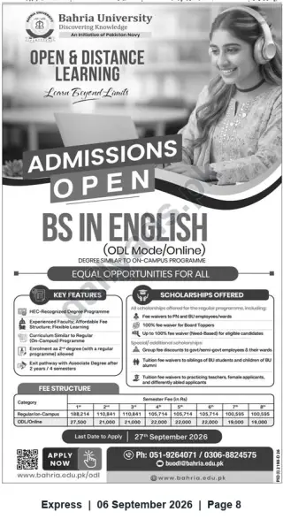 Newspaper clipping: Bahria University - BS in English (Open & Distance Learning) Admissions 2026, Express, 06 Sep 2026