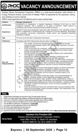Newspaper clipping: PMDC Vacancy: Manager (Geophysics) — Islamabad (Apply by 2026-09-22), Express, 06 Sep 2026