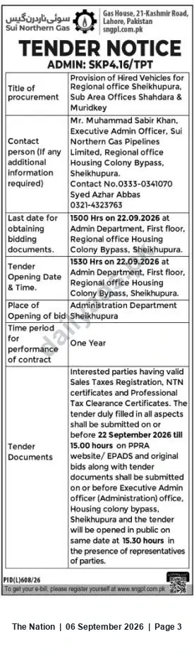 Newspaper clipping: SNGPL Tender – Hired Vehicles for Sheikhupura Regional Office (Shahdara & Muridke) – Closing 2026-09-22, The Nation, 06 Sep 2026