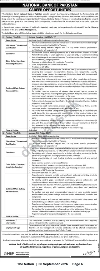 Newspaper clipping: National Bank of Pakistan Careers — Risk Management Vacancies (Regional Executive CAD & Manager Risk Review), The Nation, 06 Sep 2026