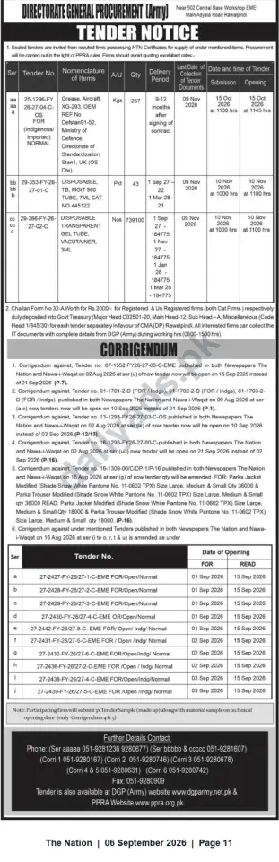 Newspaper clipping: DGP (Army) Tender Notice – Supply of Aircraft Grease, Disposable MGIT Tubes & Vacutainer Gel Tubes (Oct–Nov 2026), The Nation, 06 Sep 2026