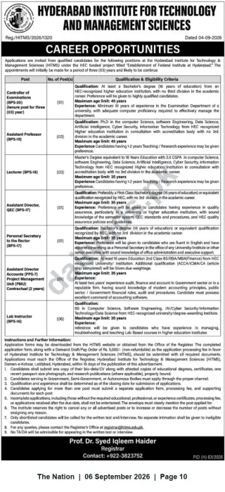 Newspaper clipping: Academic & Administrative Vacancies at Hyderabad Institute for Technology & Management Sciences (HEC-funded Project), The Nation, 06 Sep 2026