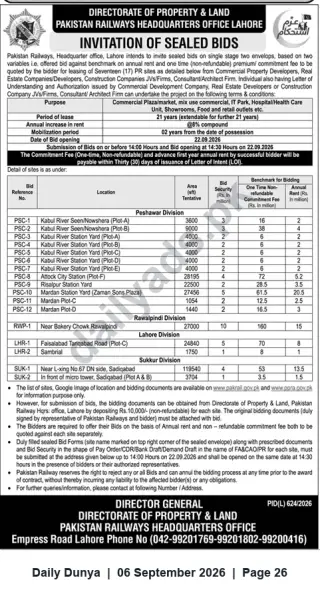 Newspaper clipping: Pakistan Railways – Invitation of Sealed Bids to Lease Commercial Sites (Deadline 2026-09-22), Dunya, 06 Sep 2026